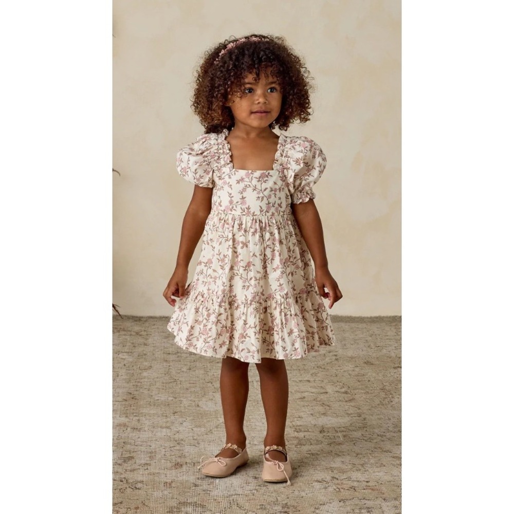 Noralee Louella Floral Puff Sleeve Dress Girls 2 Cream Pink Tiered Ruffle Cotton